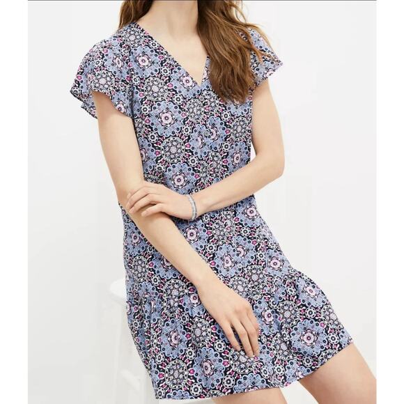 LOFT Dress XSP Beach Cottage Boho Retro Medallion Button Ruffle Flounce Flutter